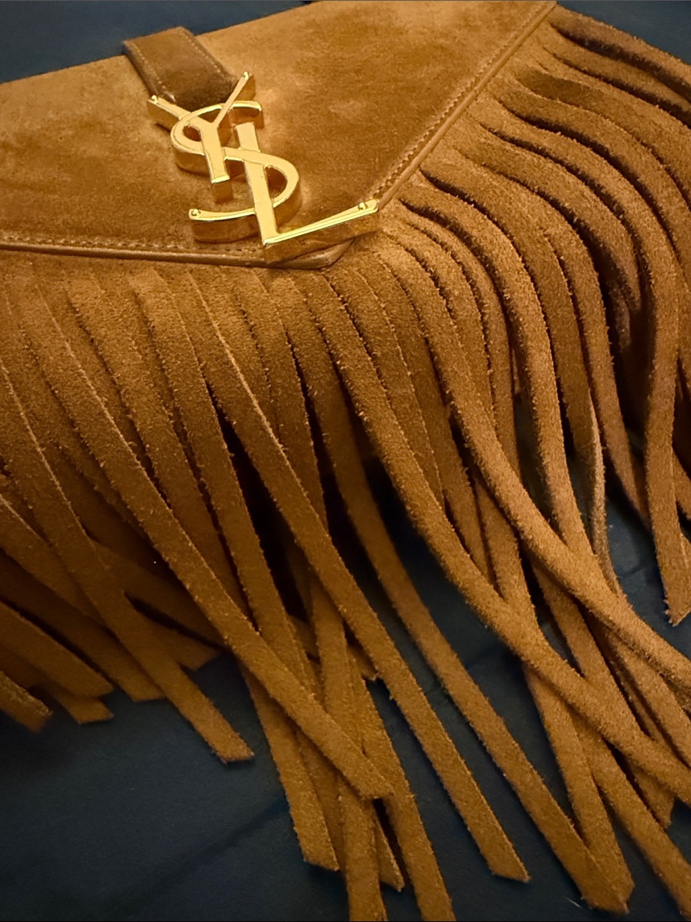 Saint Laurent Brown Suede Fringe Shoulder Bag with Gold YSL Hardware - Picture 6 of 17